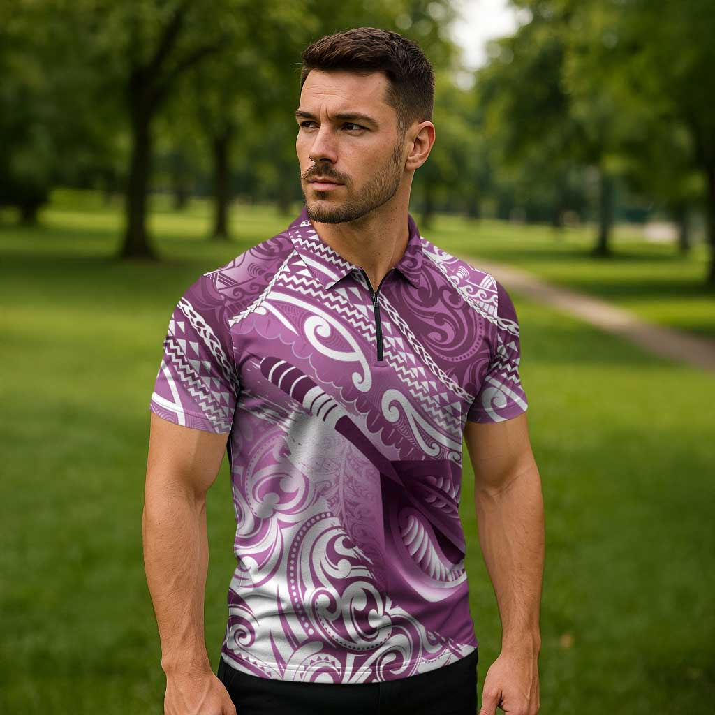 Personalised New Zealand Aotearoa Darts Masters Zipper Polo Shirt Maori Art Tattoo with Tribal Dart Symbol Pink LT03 - Polynesian Pride
