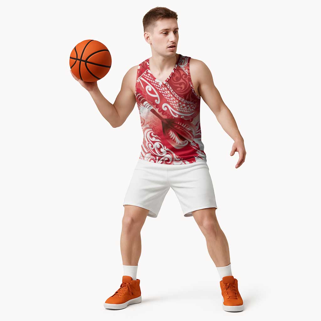 Personalised New Zealand Aotearoa Darts Masters Basketball Jersey Maori Art Tattoo with Tribal Dart Symbol Red LT03 - Polynesian Pride