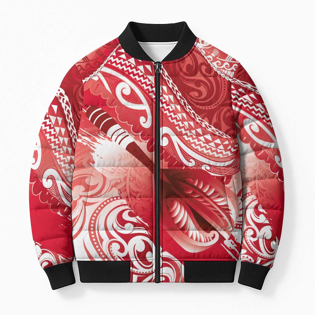 Personalised New Zealand Aotearoa Darts Masters Bomber Puffer Jacket Maori Art Tattoo with Tribal Dart Symbol Red - Polynesian Pride