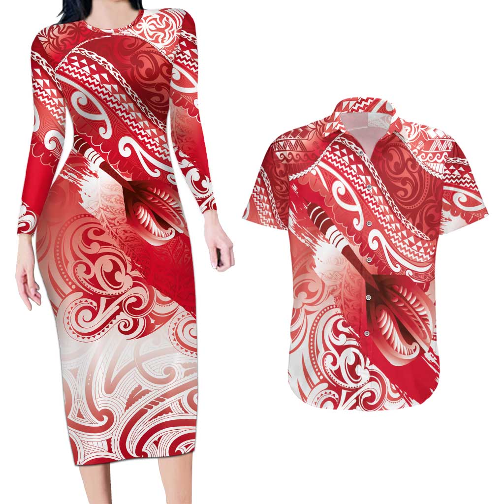 Personalised New Zealand Aotearoa Darts Masters Couples Matching Long Sleeve Bodycon Dress and Hawaiian Shirt Maori Art Tattoo with Tribal Dart Symbol Red LT03 Red - Polynesian Pride