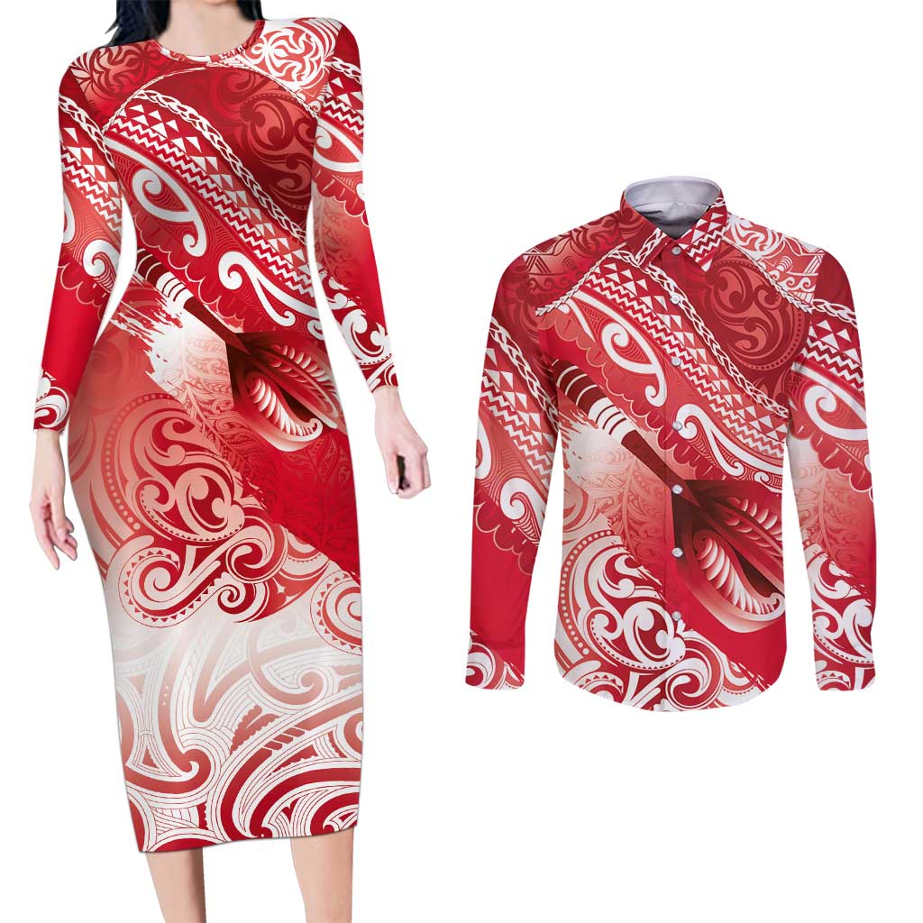 Personalised New Zealand Aotearoa Darts Masters Couples Matching Long Sleeve Bodycon Dress and Long Sleeve Button Shirt Maori Art Tattoo with Tribal Dart Symbol Red LT03 Red - Polynesian Pride