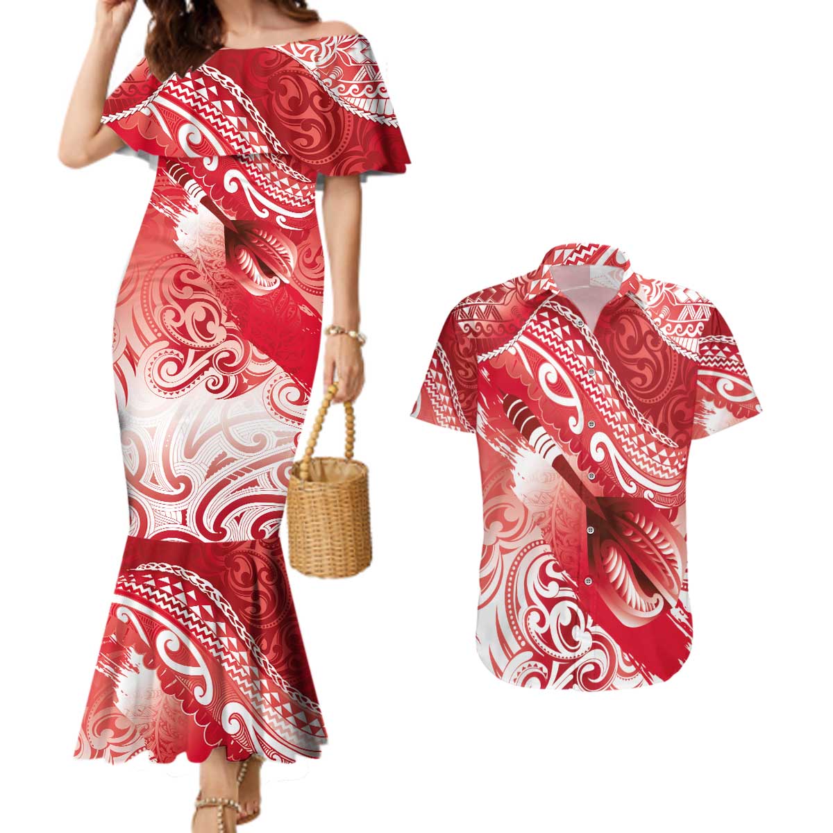 Personalised New Zealand Aotearoa Darts Masters Couples Matching Mermaid Dress and Hawaiian Shirt Maori Art Tattoo with Tribal Dart Symbol Red LT03 Red - Polynesian Pride