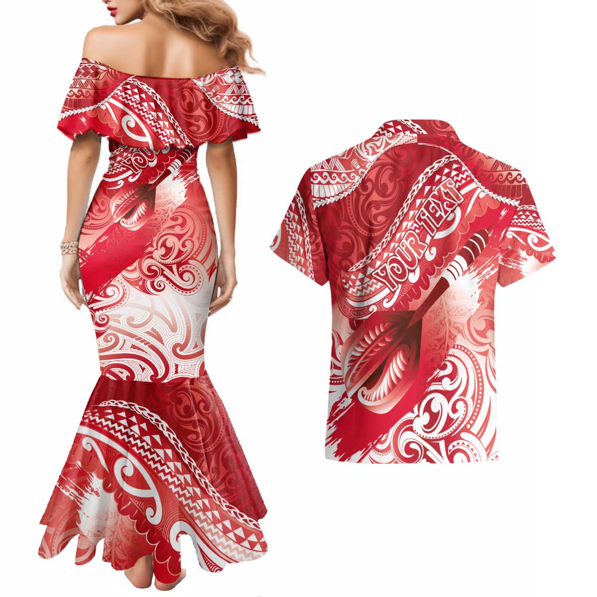 Personalised New Zealand Aotearoa Darts Masters Couples Matching Mermaid Dress and Hawaiian Shirt Maori Art Tattoo with Tribal Dart Symbol Red LT03 - Polynesian Pride