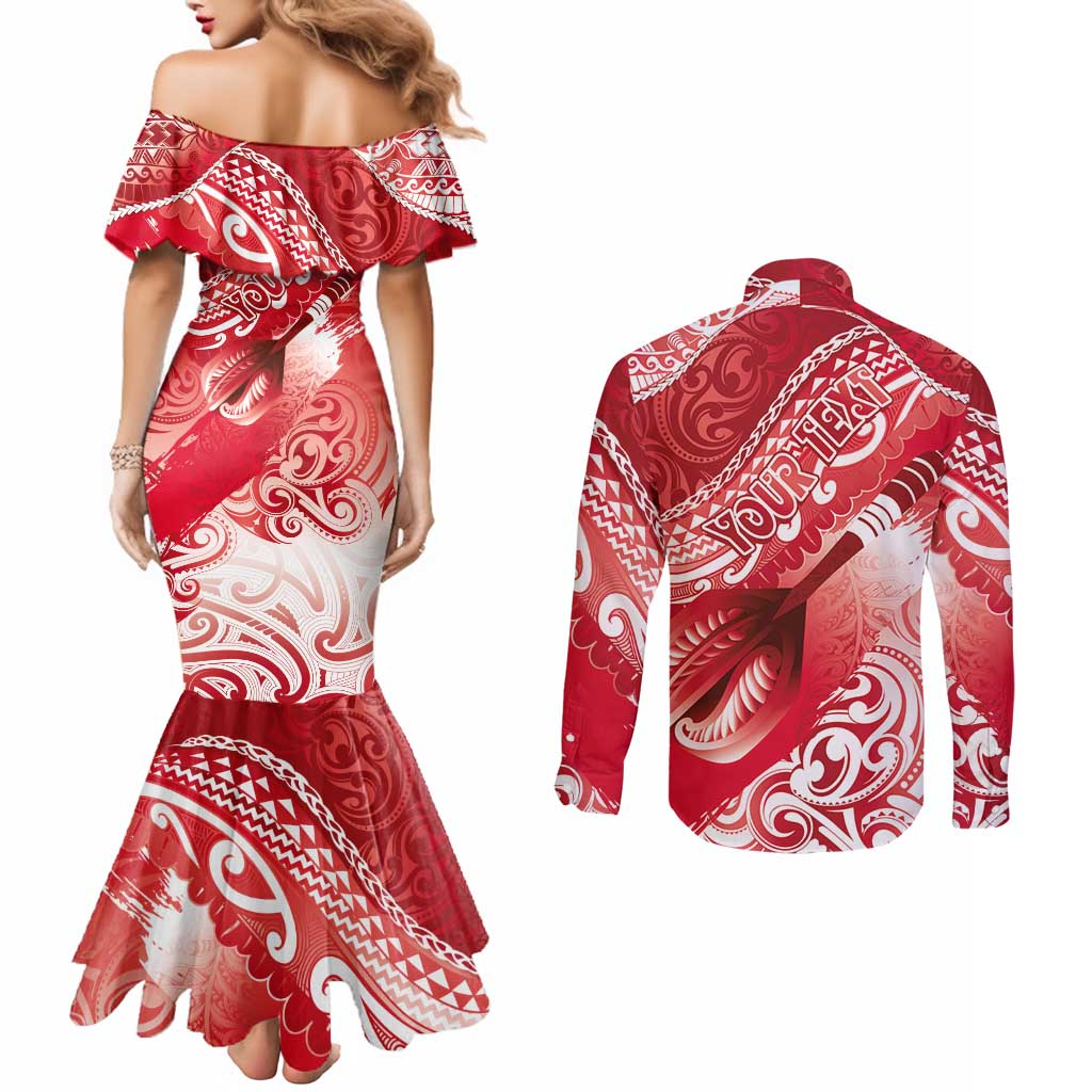 Personalised New Zealand Aotearoa Darts Masters Couples Matching Mermaid Dress and Long Sleeve Button Shirt Maori Art Tattoo with Tribal Dart Symbol Red LT03 - Polynesian Pride