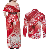 Personalised New Zealand Aotearoa Darts Masters Couples Matching Off Shoulder Maxi Dress and Long Sleeve Button Shirt Maori Art Tattoo with Tribal Dart Symbol Red LT03 - Polynesian Pride