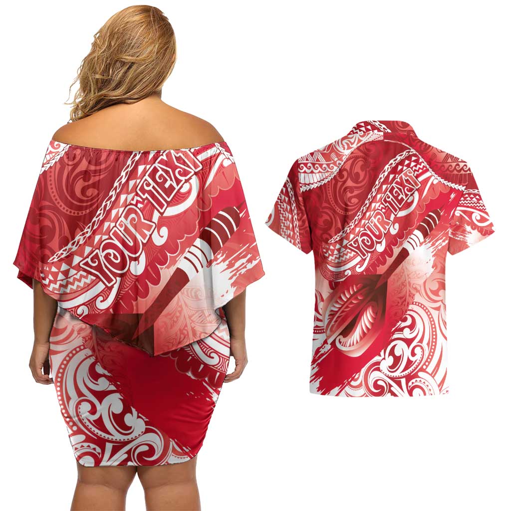 Personalised New Zealand Aotearoa Darts Masters Couples Matching Off Shoulder Short Dress and Hawaiian Shirt Maori Art Tattoo with Tribal Dart Symbol Red LT03 - Polynesian Pride