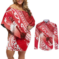 Personalised New Zealand Aotearoa Darts Masters Couples Matching Off Shoulder Short Dress and Long Sleeve Button Shirt Maori Art Tattoo with Tribal Dart Symbol Red LT03 Red - Polynesian Pride