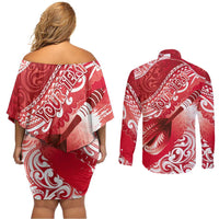 Personalised New Zealand Aotearoa Darts Masters Couples Matching Off Shoulder Short Dress and Long Sleeve Button Shirt Maori Art Tattoo with Tribal Dart Symbol Red LT03 - Polynesian Pride