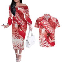 Personalised New Zealand Aotearoa Darts Masters Couples Matching Off The Shoulder Long Sleeve Dress and Hawaiian Shirt Maori Art Tattoo with Tribal Dart Symbol Red LT03 Red - Polynesian Pride