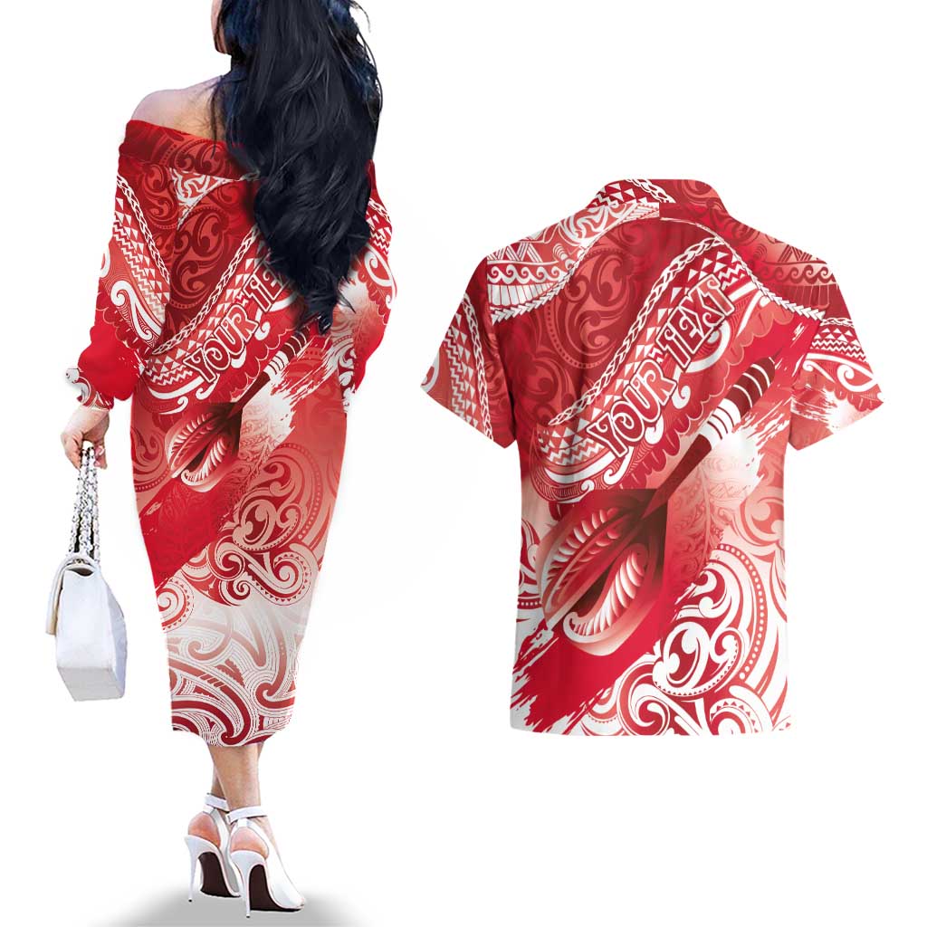 Personalised New Zealand Aotearoa Darts Masters Couples Matching Off The Shoulder Long Sleeve Dress and Hawaiian Shirt Maori Art Tattoo with Tribal Dart Symbol Red LT03 - Polynesian Pride