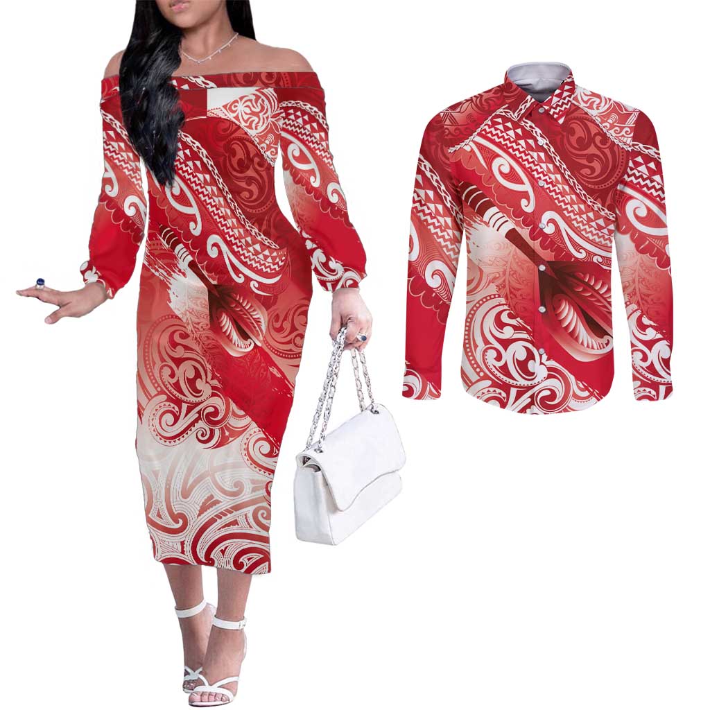 Personalised New Zealand Aotearoa Darts Masters Couples Matching Off The Shoulder Long Sleeve Dress and Long Sleeve Button Shirt Maori Art Tattoo with Tribal Dart Symbol Red LT03 Red - Polynesian Pride