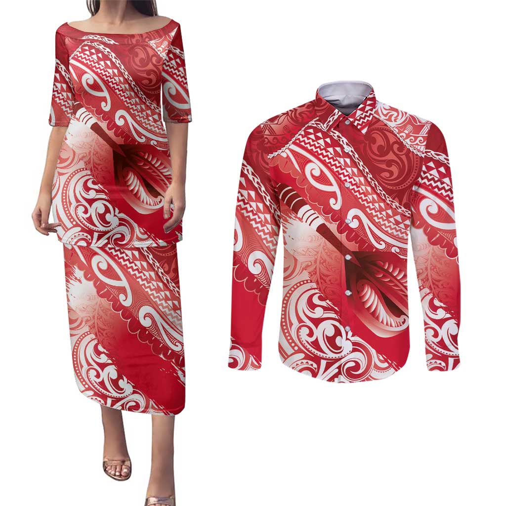 Personalised New Zealand Aotearoa Darts Masters Couples Matching Puletasi and Long Sleeve Button Shirt Maori Art Tattoo with Tribal Dart Symbol Red LT03 Red - Polynesian Pride