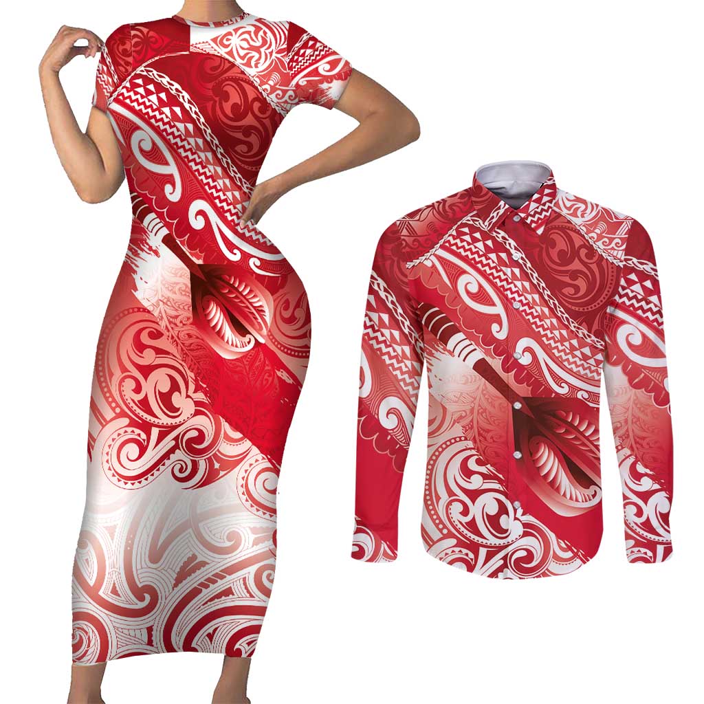 Personalised New Zealand Aotearoa Darts Masters Couples Matching Short Sleeve Bodycon Dress and Long Sleeve Button Shirt Maori Art Tattoo with Tribal Dart Symbol Red LT03 Red - Polynesian Pride