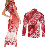 Personalised New Zealand Aotearoa Darts Masters Couples Matching Short Sleeve Bodycon Dress and Long Sleeve Button Shirt Maori Art Tattoo with Tribal Dart Symbol Red LT03 - Polynesian Pride
