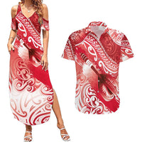 Personalised New Zealand Aotearoa Darts Masters Couples Matching Summer Maxi Dress and Hawaiian Shirt Maori Art Tattoo with Tribal Dart Symbol Red LT03 Red - Polynesian Pride