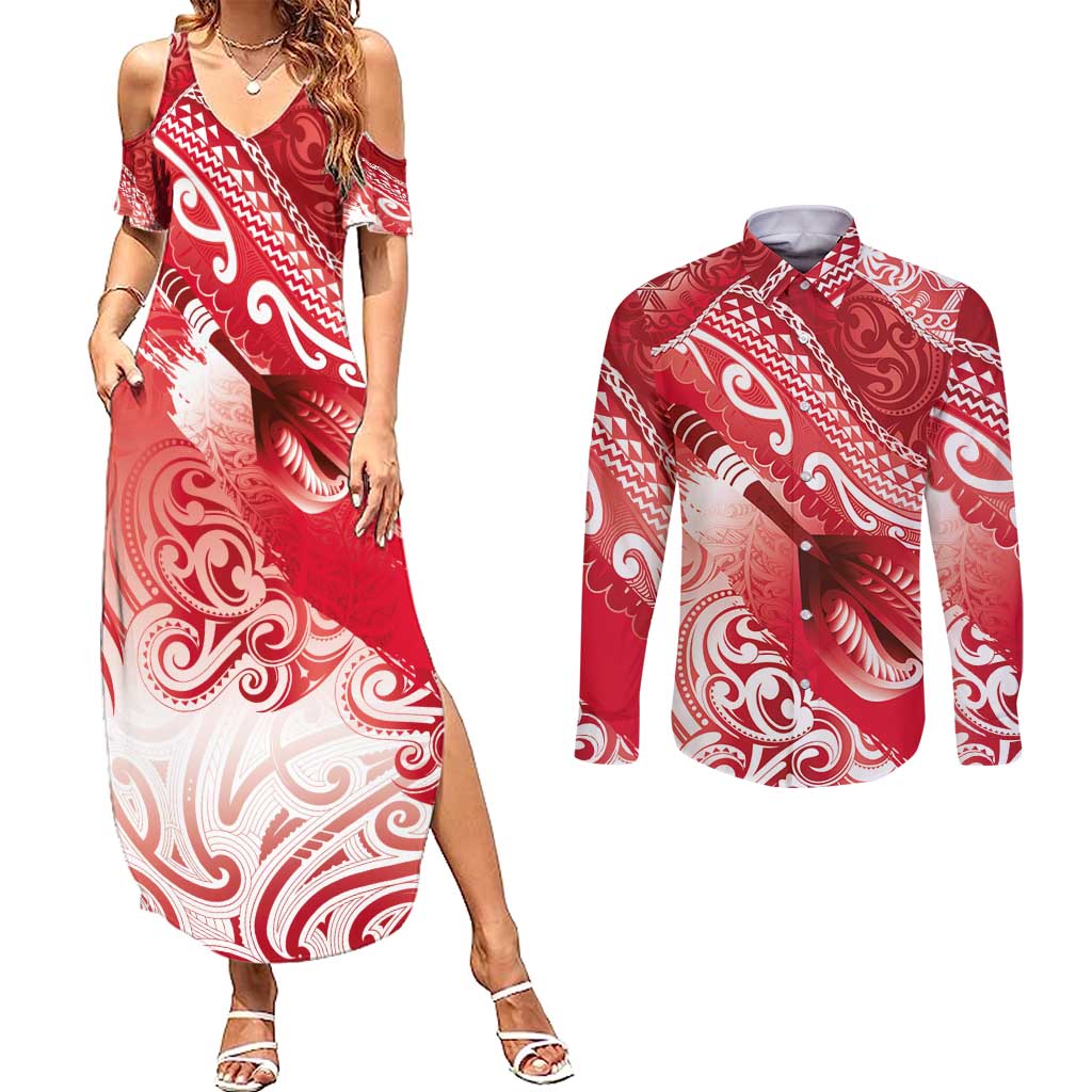 Personalised New Zealand Aotearoa Darts Masters Couples Matching Summer Maxi Dress and Long Sleeve Button Shirt Maori Art Tattoo with Tribal Dart Symbol Red LT03 Red - Polynesian Pride