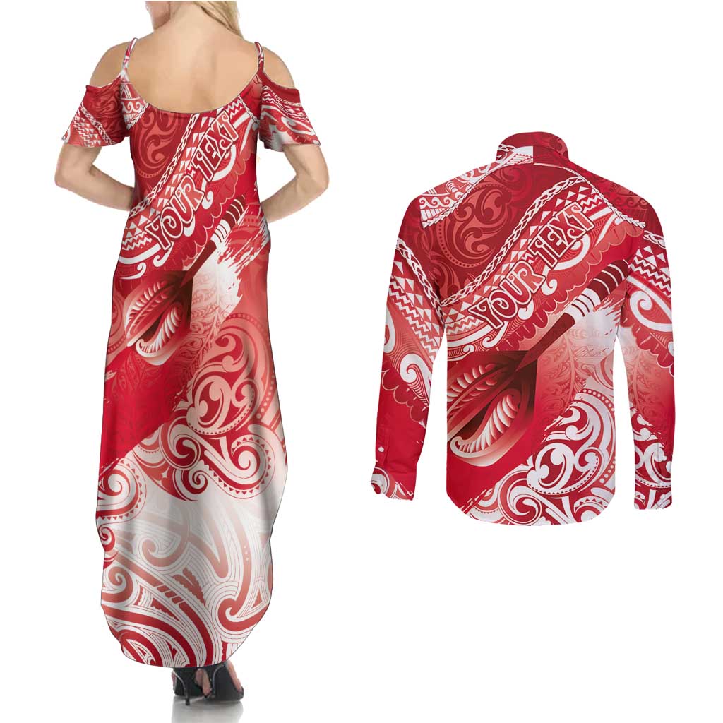 Personalised New Zealand Aotearoa Darts Masters Couples Matching Summer Maxi Dress and Long Sleeve Button Shirt Maori Art Tattoo with Tribal Dart Symbol Red LT03 - Polynesian Pride