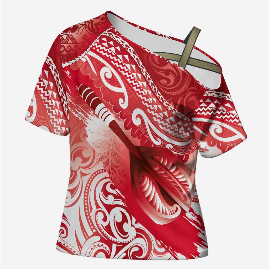 Personalised New Zealand Aotearoa Darts Masters Cross Shoulder Shirt Maori Art Tattoo with Tribal Dart Symbol Red LT03 Female Red - Polynesian Pride