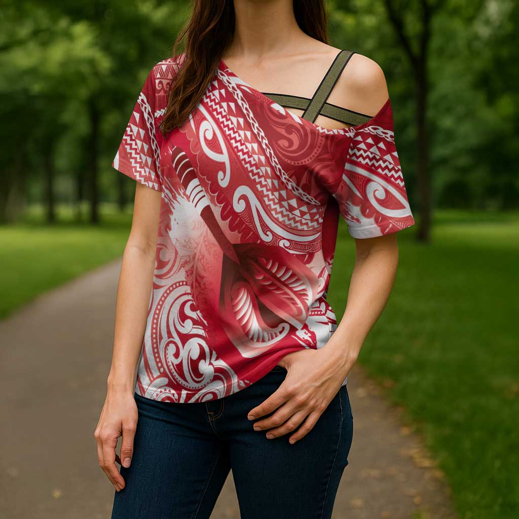 Personalised New Zealand Aotearoa Darts Masters Cross Shoulder Shirt Maori Art Tattoo with Tribal Dart Symbol Red LT03 - Polynesian Pride