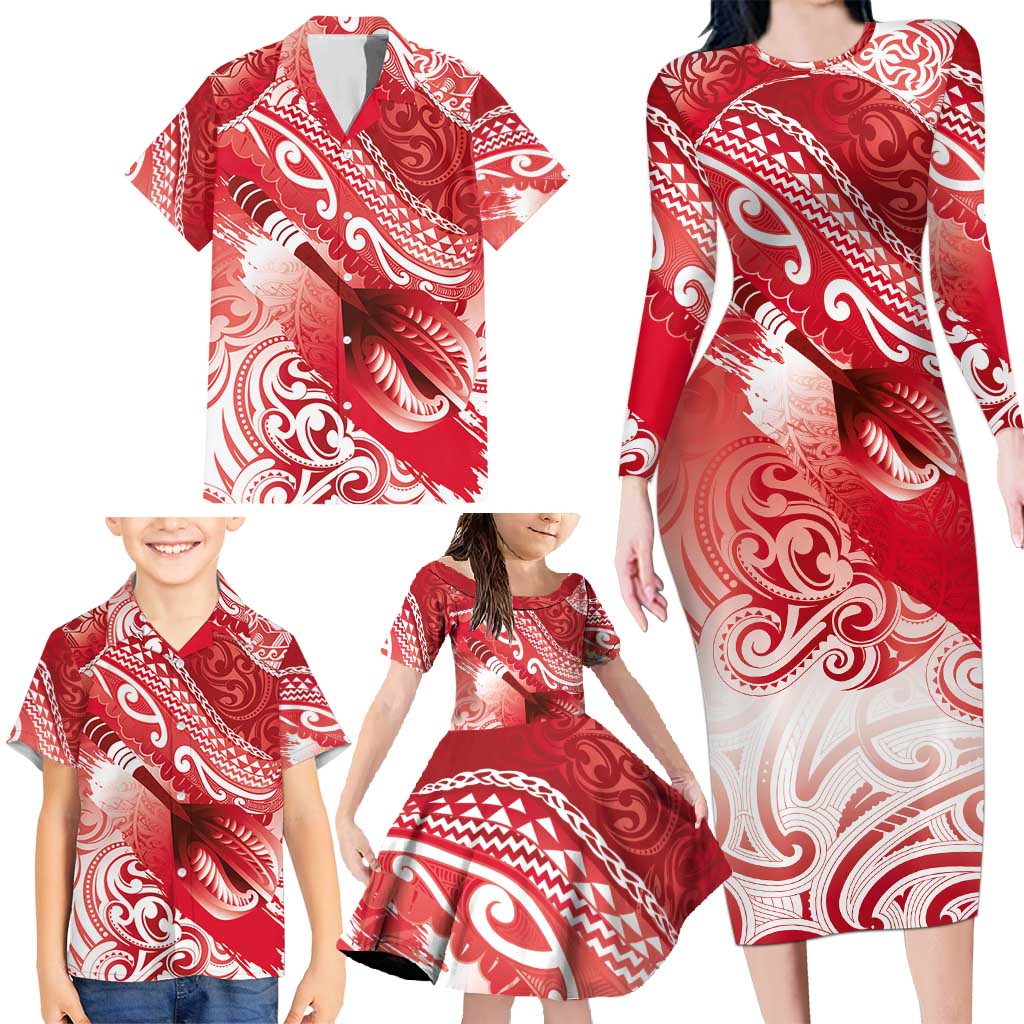 Personalised New Zealand Aotearoa Darts Masters Family Matching Long Sleeve Bodycon Dress and Hawaiian Shirt Maori Art Tattoo with Tribal Dart Symbol Red LT03 - Polynesian Pride