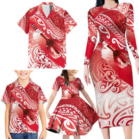 Personalised New Zealand Aotearoa Darts Masters Family Matching Long Sleeve Bodycon Dress and Hawaiian Shirt Maori Art Tattoo with Tribal Dart Symbol Red LT03 - Polynesian Pride