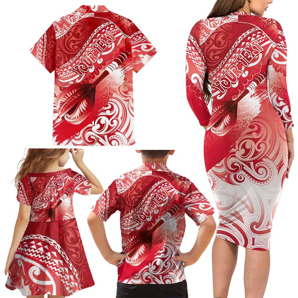 Personalised New Zealand Aotearoa Darts Masters Family Matching Long Sleeve Bodycon Dress and Hawaiian Shirt Maori Art Tattoo with Tribal Dart Symbol Red LT03 - Polynesian Pride