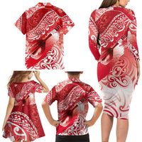 Personalised New Zealand Aotearoa Darts Masters Family Matching Long Sleeve Bodycon Dress and Hawaiian Shirt Maori Art Tattoo with Tribal Dart Symbol Red LT03 - Polynesian Pride