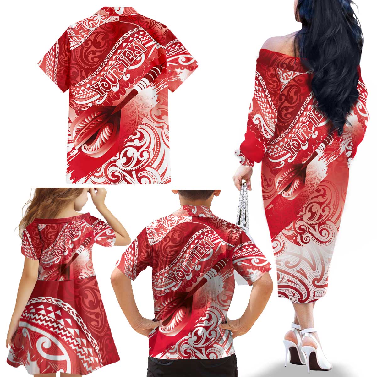 Personalised New Zealand Aotearoa Darts Masters Family Matching Off The Shoulder Long Sleeve Dress and Hawaiian Shirt Maori Art Tattoo with Tribal Dart Symbol Red LT03 - Polynesian Pride