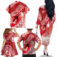 Personalised New Zealand Aotearoa Darts Masters Family Matching Off The Shoulder Long Sleeve Dress and Hawaiian Shirt Maori Art Tattoo with Tribal Dart Symbol Red LT03 - Polynesian Pride