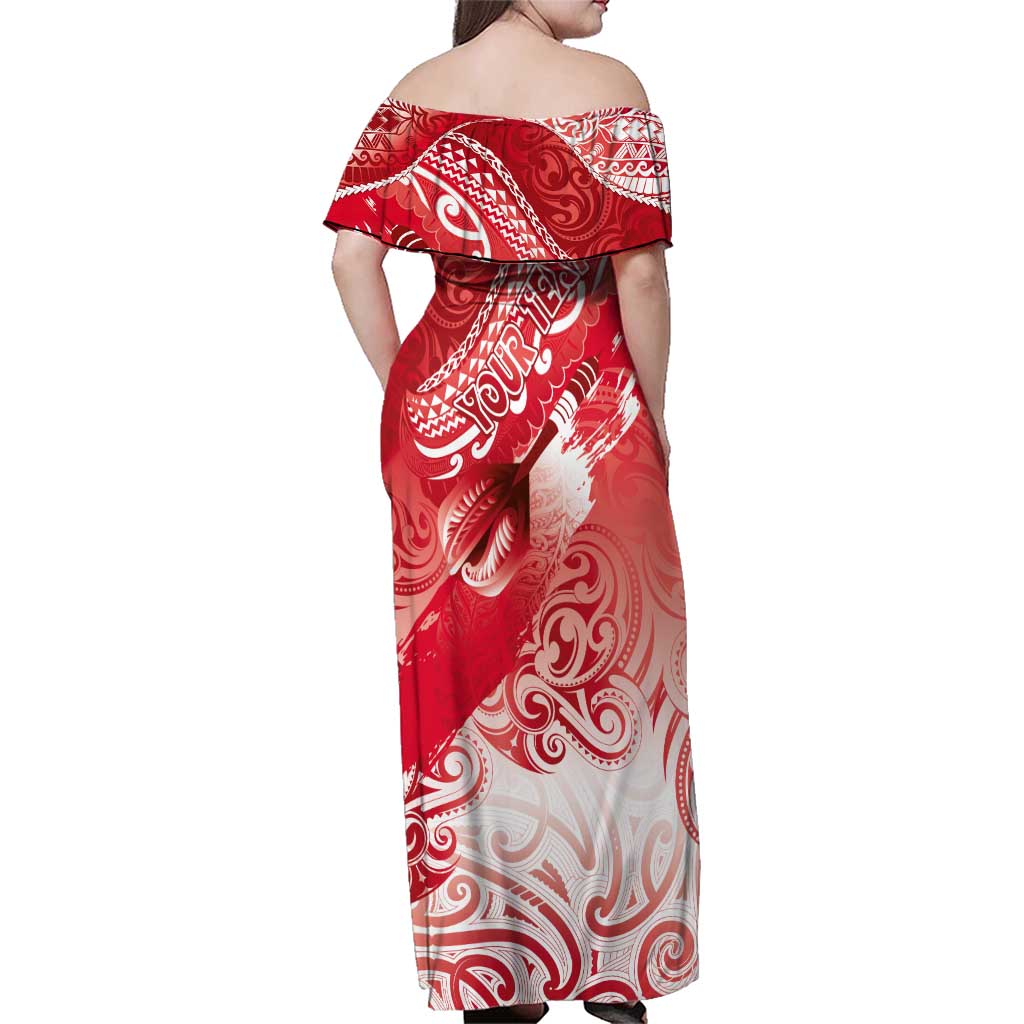 Personalised New Zealand Aotearoa Darts Masters Family Matching Off Shoulder Maxi Dress and Hawaiian Shirt Maori Art Tattoo with Tribal Dart Symbol Red LT03 - Polynesian Pride