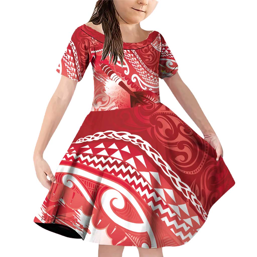 Personalised New Zealand Aotearoa Darts Masters Family Matching Off Shoulder Short Dress and Hawaiian Shirt Maori Art Tattoo with Tribal Dart Symbol Red LT03 Daughter's Dress Red - Polynesian Pride