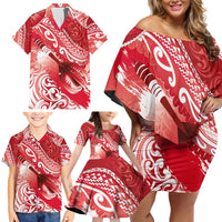 Personalised New Zealand Aotearoa Darts Masters Family Matching Off Shoulder Short Dress and Hawaiian Shirt Maori Art Tattoo with Tribal Dart Symbol Red LT03 - Polynesian Pride