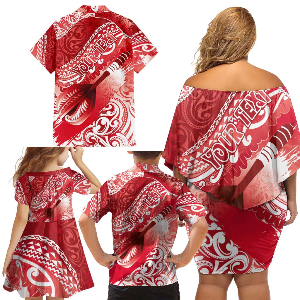 Personalised New Zealand Aotearoa Darts Masters Family Matching Off Shoulder Short Dress and Hawaiian Shirt Maori Art Tattoo with Tribal Dart Symbol Red LT03 - Polynesian Pride