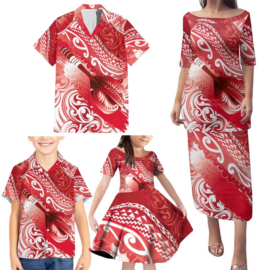 Personalised New Zealand Aotearoa Darts Masters Family Matching Puletasi and Hawaiian Shirt Maori Art Tattoo with Tribal Dart Symbol Red LT03 - Polynesian Pride