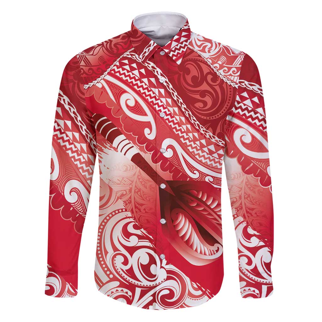 Personalised New Zealand Aotearoa Darts Masters Family Matching Puletasi and Hawaiian Shirt Maori Art Tattoo with Tribal Dart Symbol Red LT03 Dad's Shirt - Long Sleeve Red - Polynesian Pride