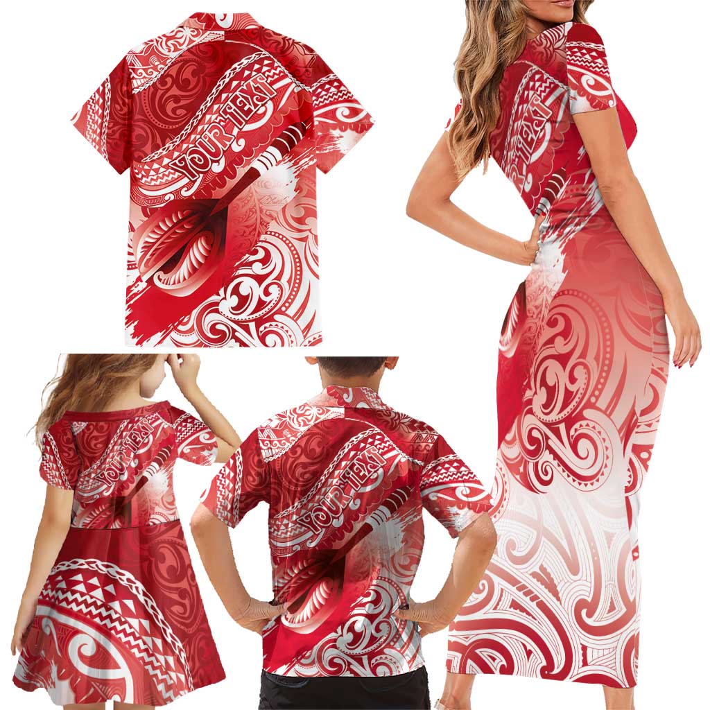Personalised New Zealand Aotearoa Darts Masters Family Matching Short Sleeve Bodycon Dress and Hawaiian Shirt Maori Art Tattoo with Tribal Dart Symbol Red LT03 - Polynesian Pride