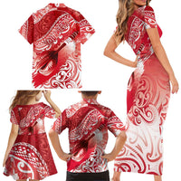 Personalised New Zealand Aotearoa Darts Masters Family Matching Short Sleeve Bodycon Dress and Hawaiian Shirt Maori Art Tattoo with Tribal Dart Symbol Red LT03 - Polynesian Pride