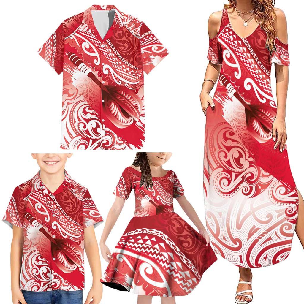 Personalised New Zealand Aotearoa Darts Masters Family Matching Summer Maxi Dress and Hawaiian Shirt Maori Art Tattoo with Tribal Dart Symbol Red LT03 - Polynesian Pride