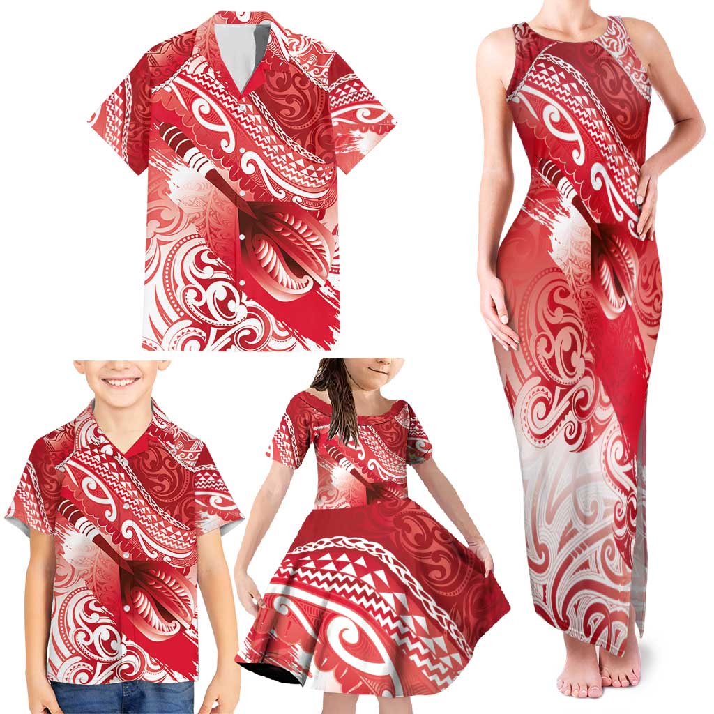 Personalised New Zealand Aotearoa Darts Masters Family Matching Tank Maxi Dress and Hawaiian Shirt Maori Art Tattoo with Tribal Dart Symbol Red LT03 - Polynesian Pride