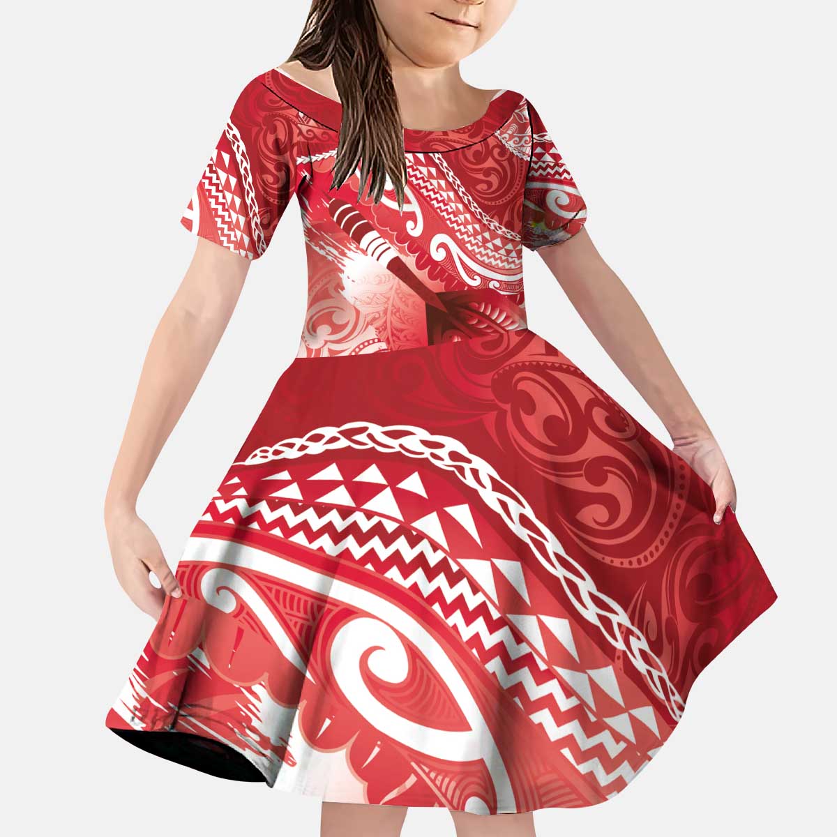 Personalised New Zealand Aotearoa Darts Masters Kid Short Sleeve Dress Maori Art Tattoo with Tribal Dart Symbol Red - Polynesian Pride