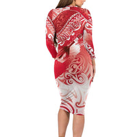 Personalised New Zealand Aotearoa Darts Masters Long Sleeve Bodycon Dress Maori Art Tattoo with Tribal Dart Symbol Red LT03 - Polynesian Pride