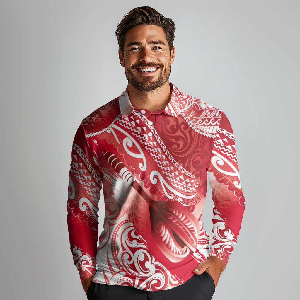 Personalised New Zealand Aotearoa Darts Masters Long Sleeve Polo Shirt Maori Art Tattoo with Tribal Dart Symbol Red LT03 - Polynesian Pride