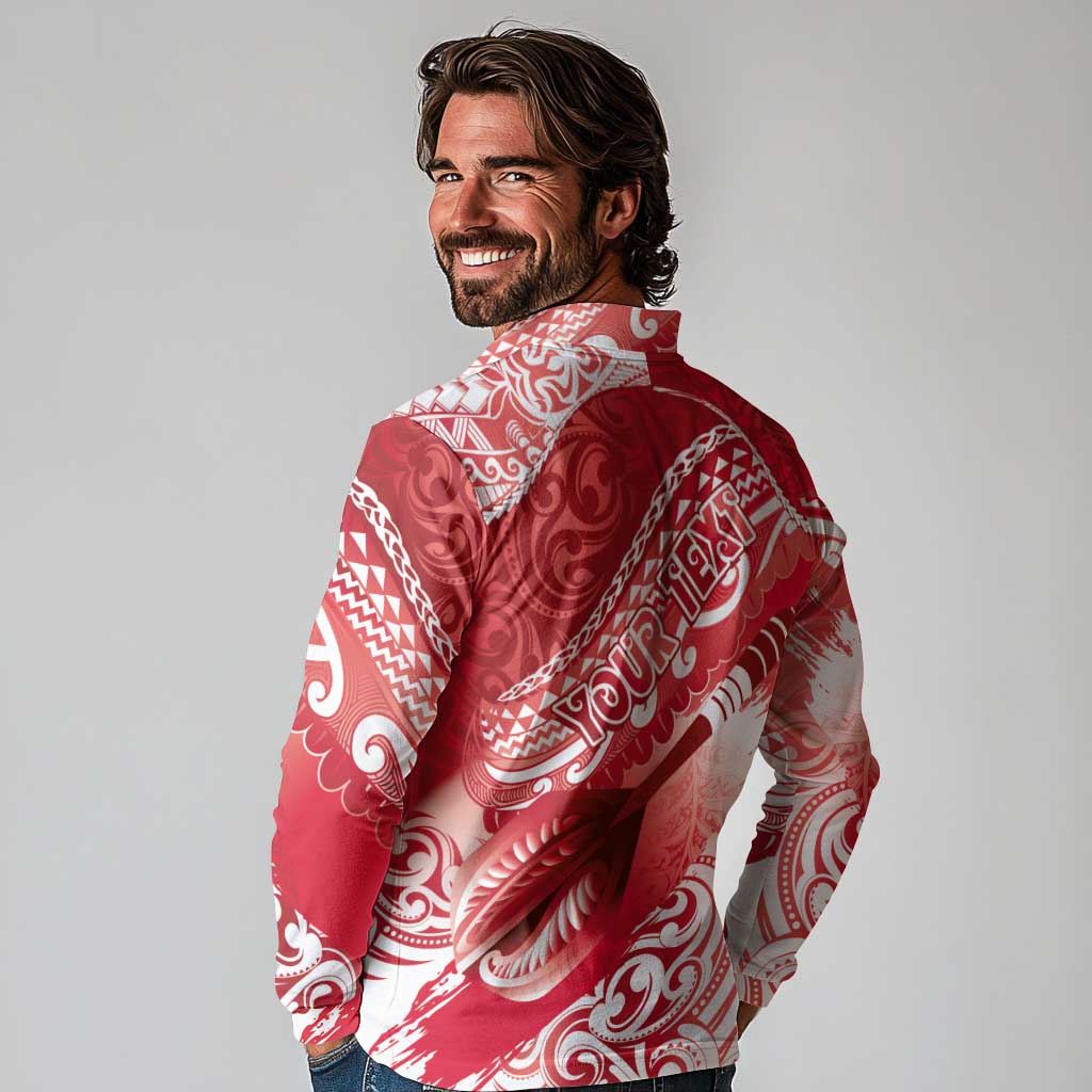Personalised New Zealand Aotearoa Darts Masters Long Sleeve Polo Shirt Maori Art Tattoo with Tribal Dart Symbol Red LT03 - Polynesian Pride
