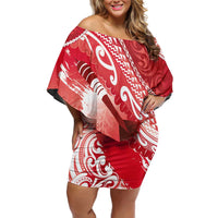Personalised New Zealand Aotearoa Darts Masters Off Shoulder Short Dress Maori Art Tattoo with Tribal Dart Symbol Red LT03 Women Red - Polynesian Pride