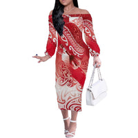 Personalised New Zealand Aotearoa Darts Masters Off The Shoulder Long Sleeve Dress Maori Art Tattoo with Tribal Dart Symbol Red LT03 Women Red - Polynesian Pride
