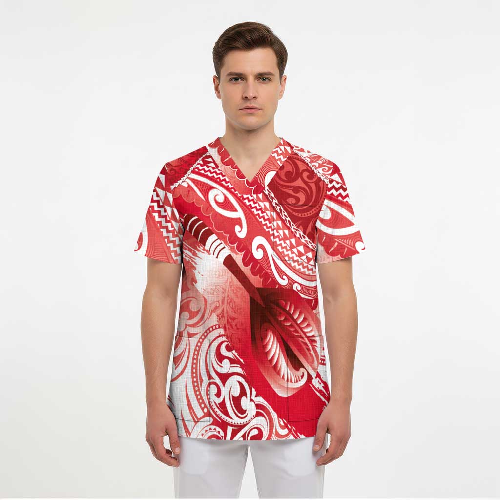 Personalised New Zealand Aotearoa Darts Masters Scrub Top Maori Art Tattoo with Tribal Dart Symbol Red - Polynesian Pride