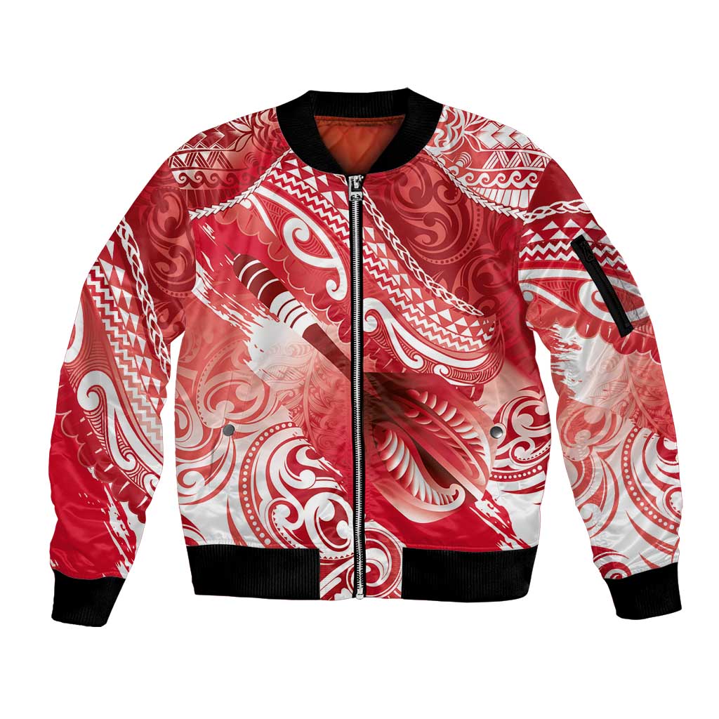 Personalised New Zealand Aotearoa Darts Masters Sleeve Zip Bomber Jacket Maori Art Tattoo with Tribal Dart Symbol Red - Polynesian Pride