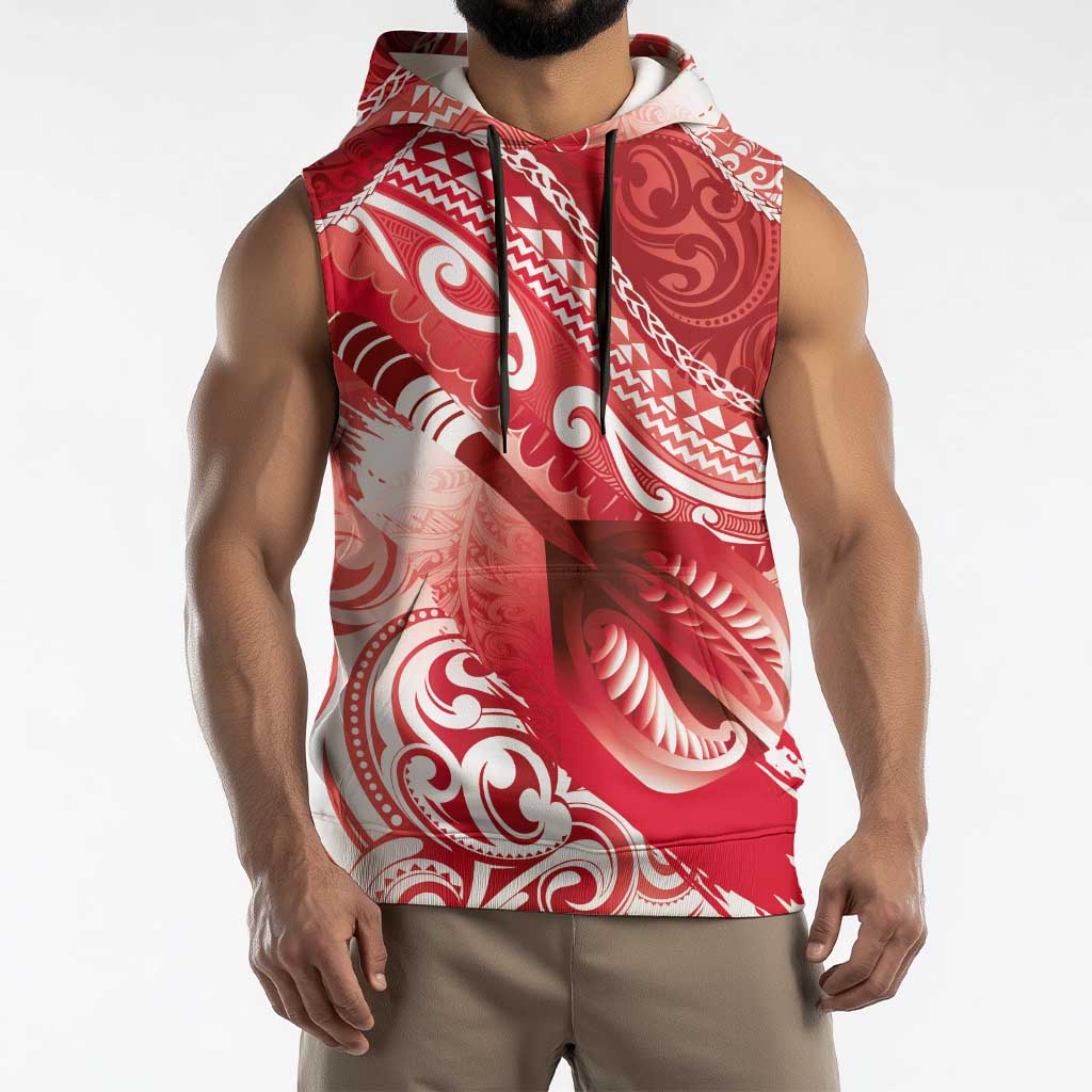 Personalised New Zealand Aotearoa Darts Masters Sleeveless Hoodie Maori Art Tattoo with Tribal Dart Symbol Red LT03 - Polynesian Pride