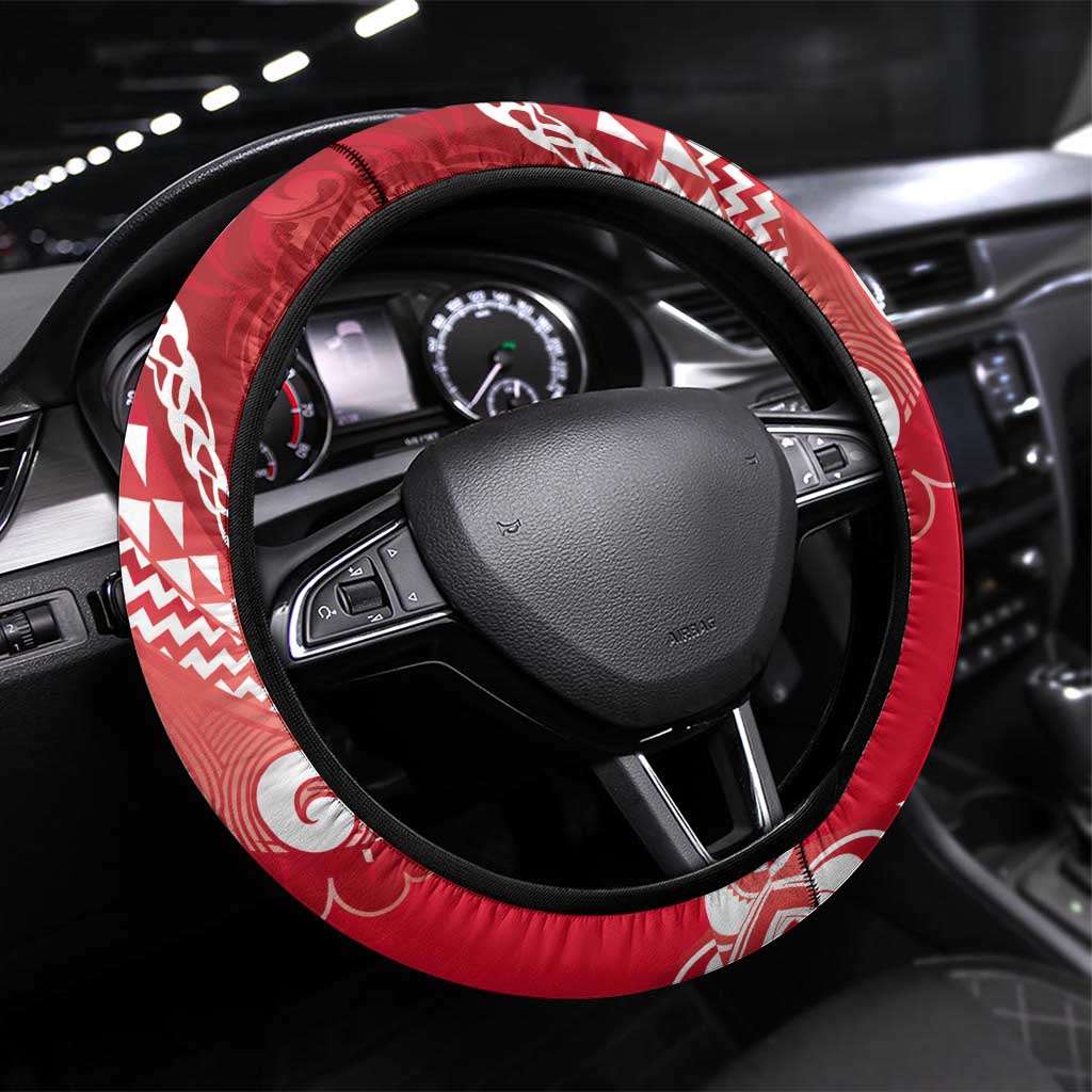 New Zealand Aotearoa Darts Masters Steering Wheel Cover Maori Art Tattoo with Tribal Dart Symbol Red LT03 Universal Fit Red - Polynesian Pride