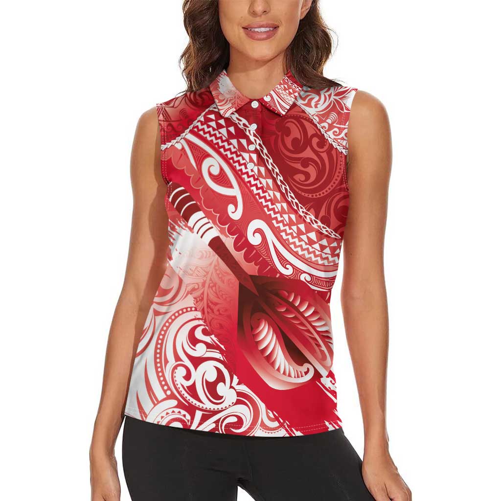 Personalised New Zealand Aotearoa Darts Masters Women Sleeveless Polo Shirt Maori Art Tattoo with Tribal Dart Symbol Red LT03 - Polynesian Pride